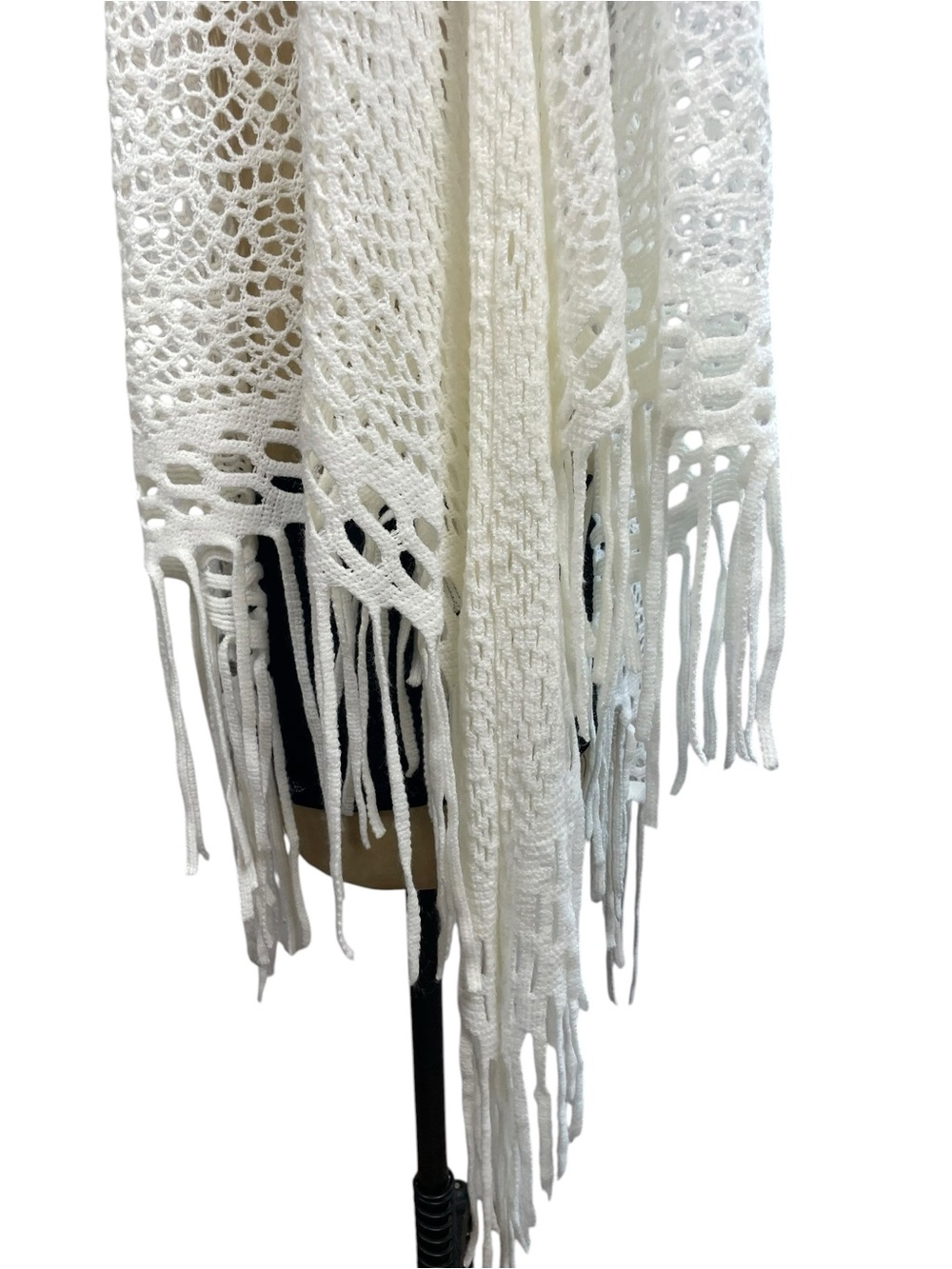 White Open Knit Poncho Crochet Boho Cape Fringe One Size Soft Cottage Whimsy - Picture 11 of 12